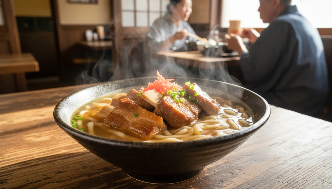 骨付き肉をのせた器入りのソーキそば