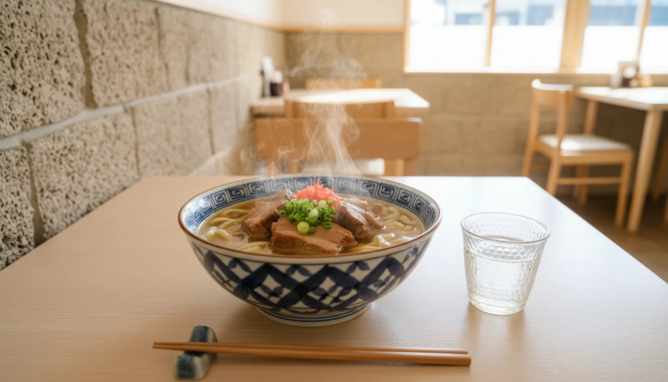 木のテーブルに並んだ沖縄そばと小皿料理、窓から入る昼の光