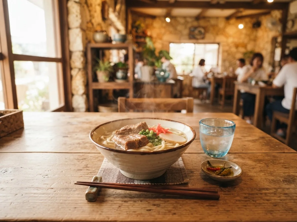 木のテーブルに置いた沖縄そばと島唐辛子、箸を添えた昼食の席
