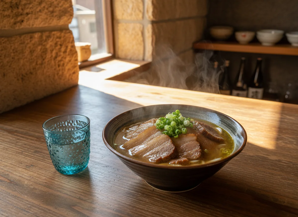 厚い三枚肉と青ねぎをのせた沖縄そばを上から見た写真