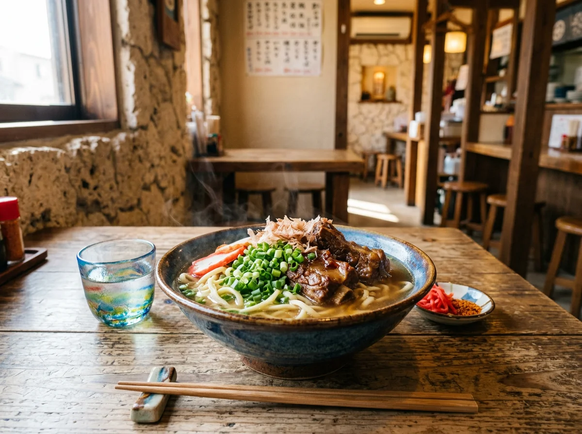 湯気が上がる沖縄そばと小皿料理を並べた一人分の昼食